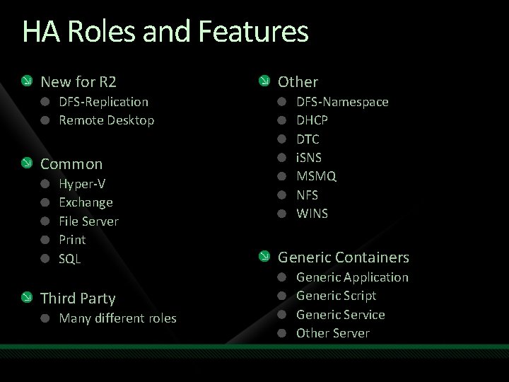 HA Roles and Features New for R 2 DFS-Replication Remote Desktop Common Hyper-V Exchange