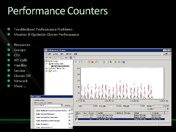 Performance Counters Troubleshoot Performance Problems Monitor & Optimize Cluster Performance Resources Groups CSV API