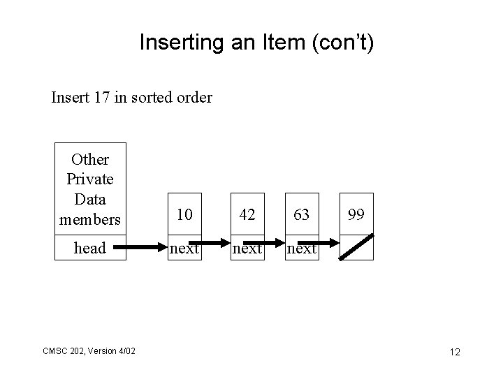 Inserting an Item (con’t) Insert 17 in sorted order Other Private Data members 10