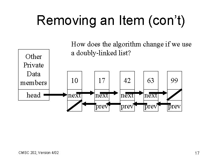 Removing an Item (con’t) How does the algorithm change if we use a doubly-linked