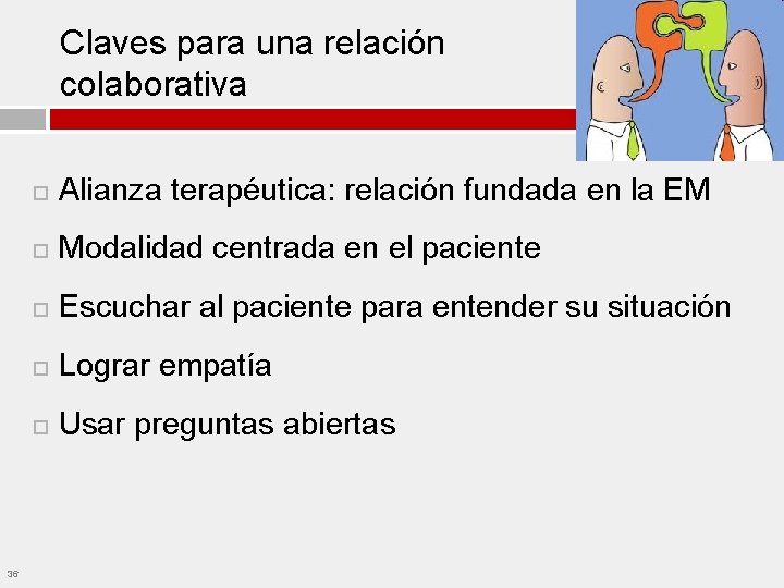 Claves para una relación colaborativa 36 Alianza terapéutica: relación fundada en la EM Modalidad