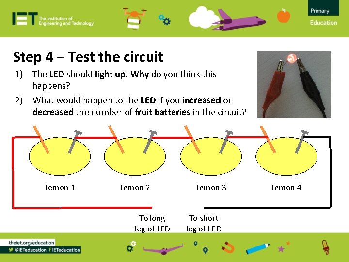 Step 4 – Test the circuit 1) The LED should light up. Why do