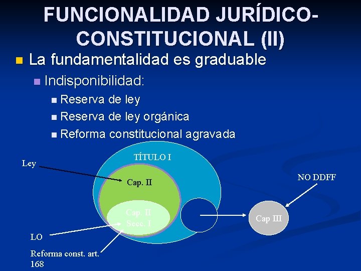 FUNCIONALIDAD JURÍDICOCONSTITUCIONAL (II) n La fundamentalidad es graduable n Indisponibilidad: n Reserva de ley