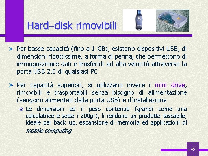Hard disk rimovibili Per basse capacità (fino a 1 GB), esistono dispositivi USB, di