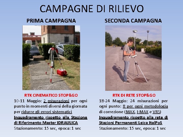 CAMPAGNE DI RILIEVO PRIMA CAMPAGNA SECONDA CAMPAGNA RTK CINEMATICO STOP&GO 10 -11 Maggio: 2