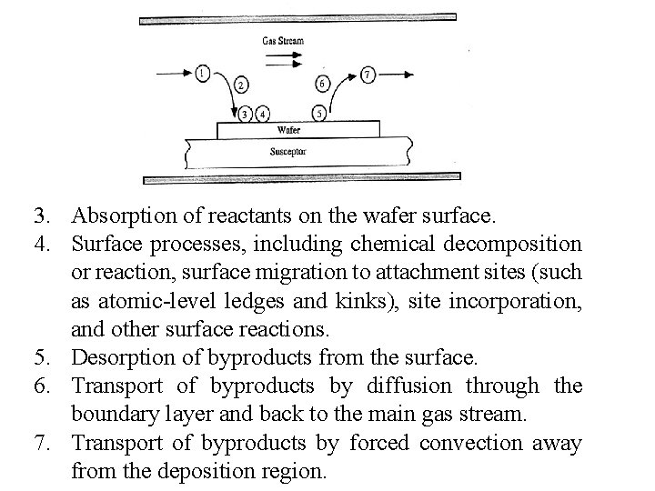3. Absorption of reactants on the wafer surface. 4. Surface processes, including chemical decomposition