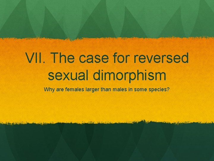 VII. The case for reversed sexual dimorphism Why are females larger than males in