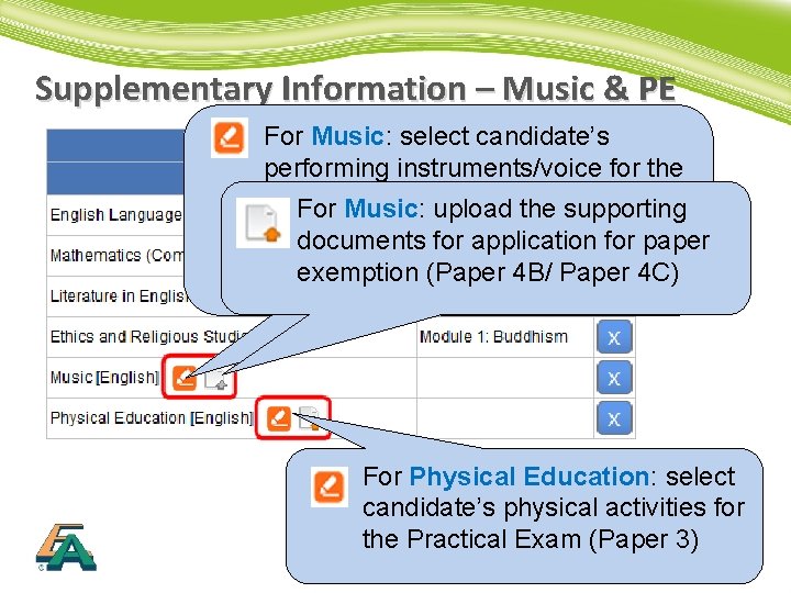 Supplementary Information – Music & PE For Music: select candidate’s performing instruments/voice for the