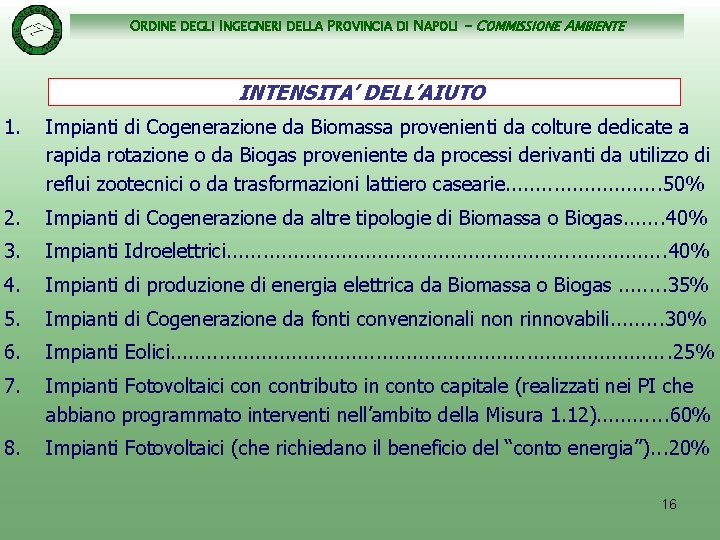 ORDINE DEGLI INGEGNERI DELLA PROVINCIA DI NAPOLI - COMMISSIONE AMBIENTE INTENSITA’ DELL’AIUTO 1. Impianti