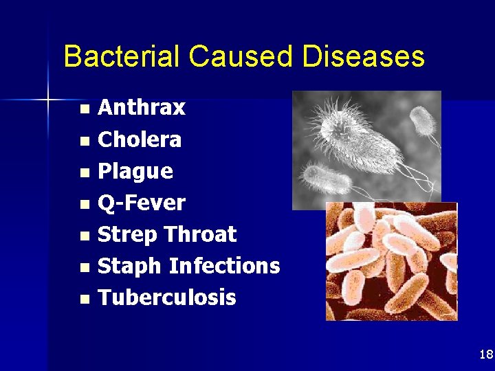 Bacterial Caused Diseases Anthrax n Cholera n Plague n Q-Fever n Strep Throat n