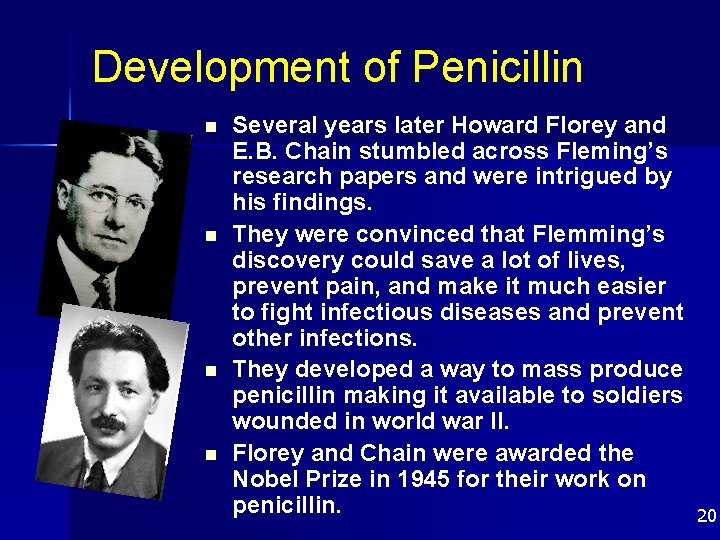 Development of Penicillin n n Several years later Howard Florey and E. B. Chain