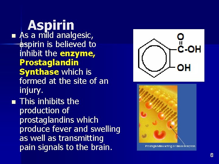 n n Aspirin As a mild analgesic, aspirin is believed to inhibit the enzyme,