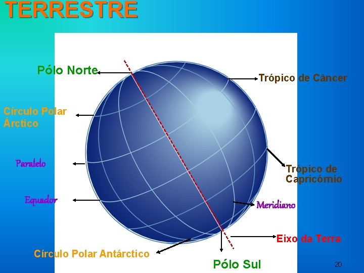 TERRESTRE Pólo Norte Trópico de Câncer Círculo Polar Árctico Paralelo Equador Trópico de Capricórnio TERRESTRE Pólo Norte Trópico de Câncer Círculo Polar Árctico Paralelo Equador Trópico de Capricórnio