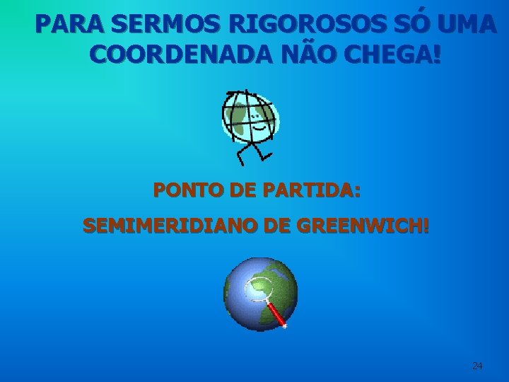 PARA SERMOS RIGOROSOS SÓ UMA COORDENADA NÃO CHEGA! PONTO DE PARTIDA: SEMIMERIDIANO DE GREENWICH! PARA SERMOS RIGOROSOS SÓ UMA COORDENADA NÃO CHEGA! PONTO DE PARTIDA: SEMIMERIDIANO DE GREENWICH!