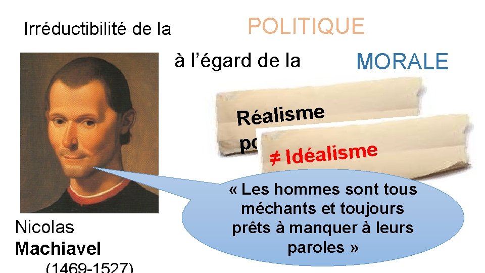 Irréductibilité de la POLITIQUE à l’égard de la MORALE e m s i l