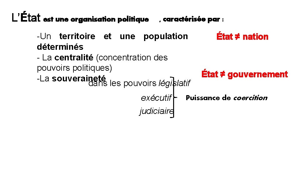 L’État est une organisation politique , caractérisée par : -Un territoire et une population