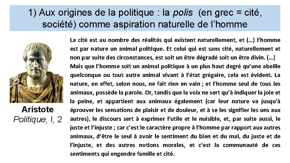 1) Aux origines de la politique : la polis (en grec = cité, société)