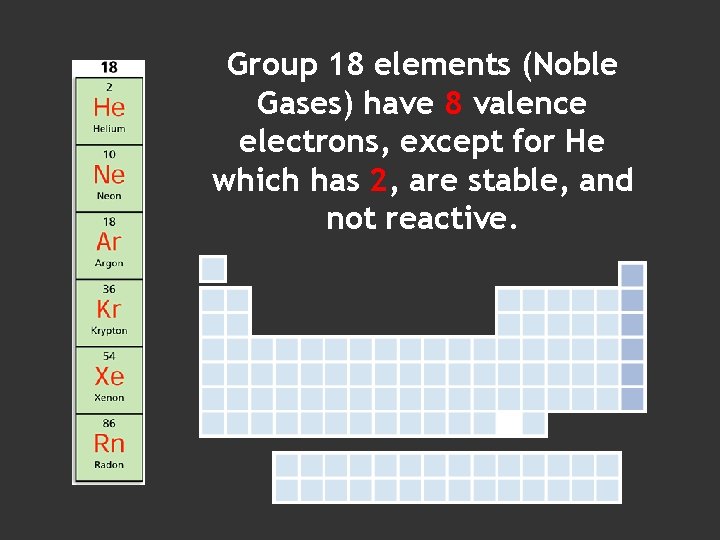 Group 18 elements (Noble Gases) have 8 valence electrons, except for He which has