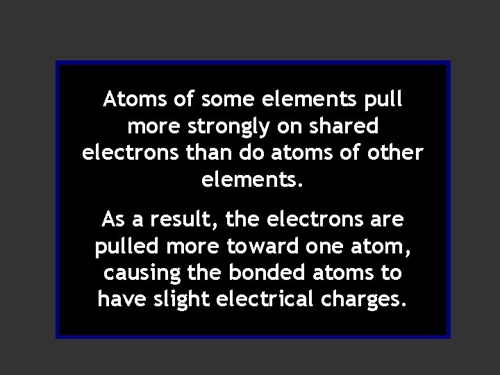 Atoms of some elements pull more strongly on shared electrons than do atoms of