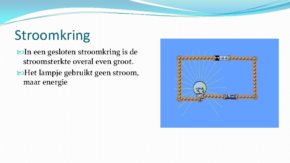 Stroomkring In een gesloten stroomkring is de stroomsterkte overal even groot. Het lampje gebruikt