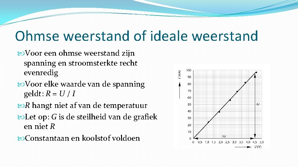 Ohmse weerstand of ideale weerstand Voor een ohmse weerstand zijn spanning en stroomsterkte recht