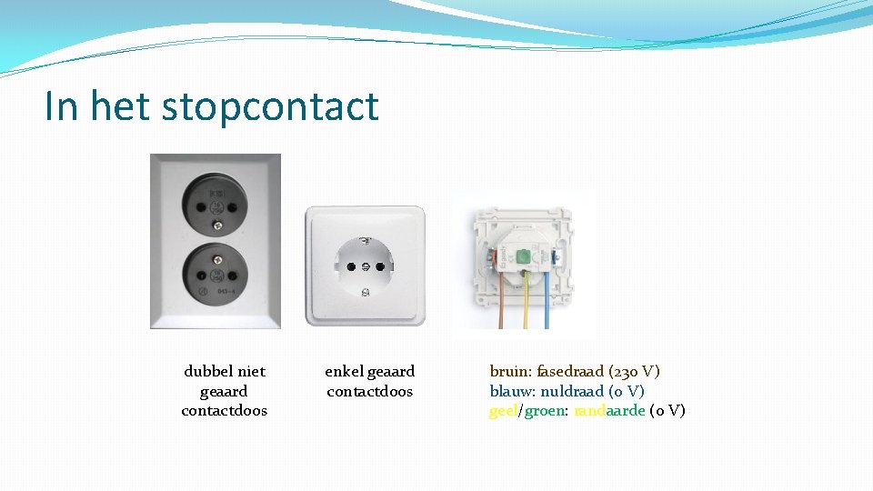 In het stopcontact dubbel niet geaard contactdoos enkel geaard contactdoos bruin: fasedraad (230 V)