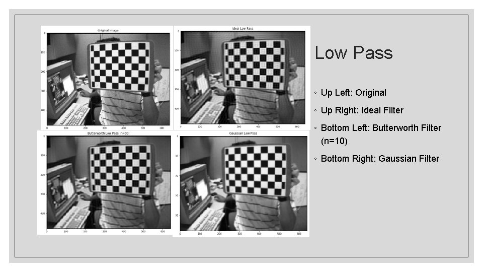 Low Pass ◦ Up Left: Original ◦ Up Right: Ideal Filter ◦ Bottom Left: