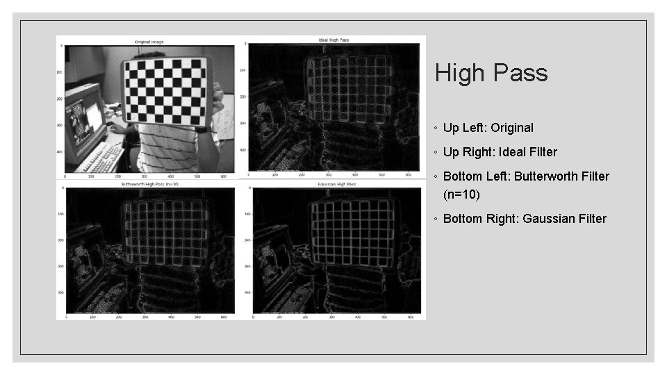 High Pass ◦ Up Left: Original ◦ Up Right: Ideal Filter ◦ Bottom Left: