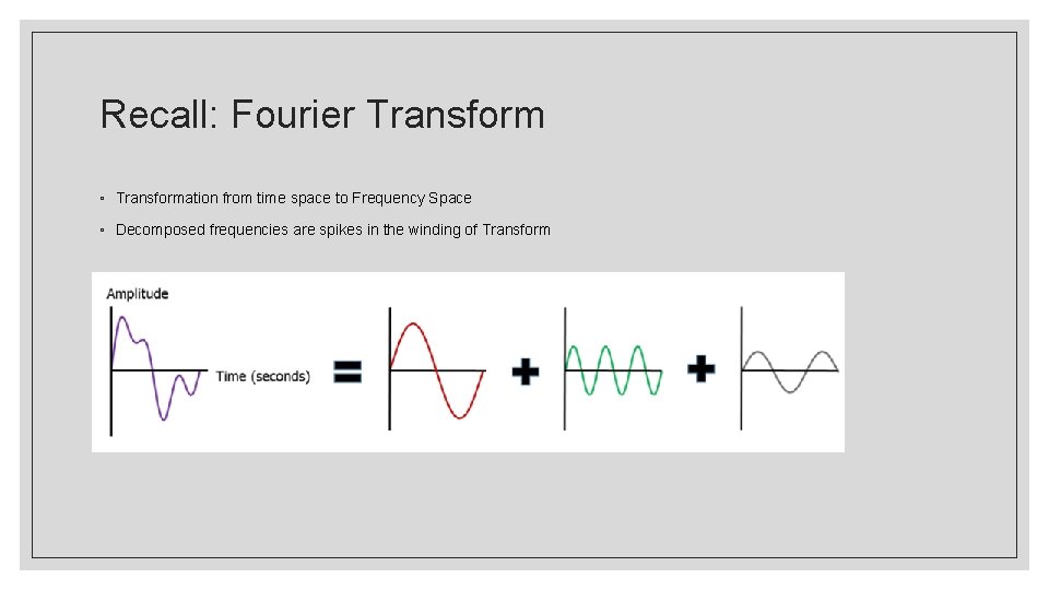 Recall: Fourier Transform ◦ Transformation from time space to Frequency Space ◦ Decomposed frequencies
