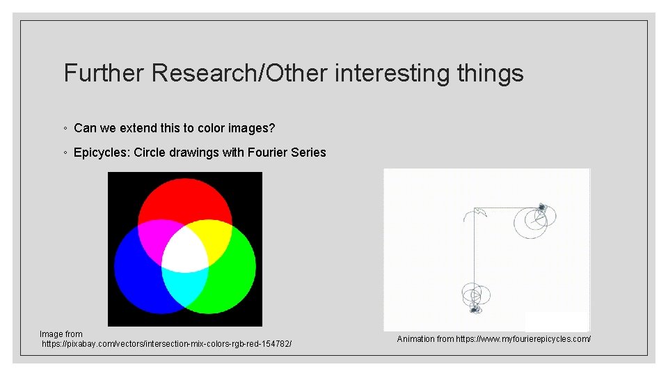 Further Research/Other interesting things ◦ Can we extend this to color images? ◦ Epicycles: