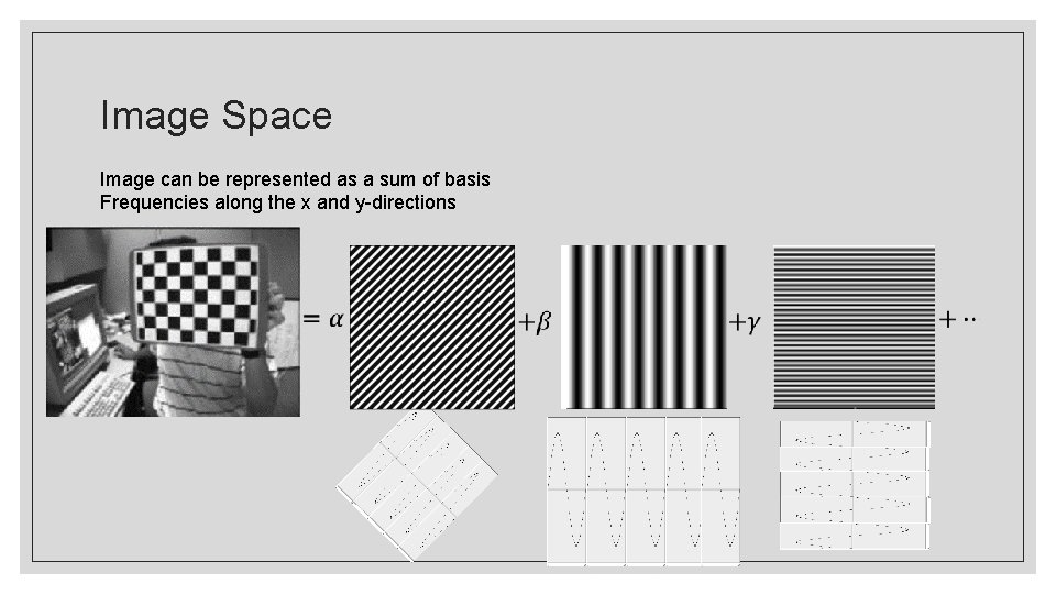 Image Space Image can be represented as a sum of basis Frequencies along the