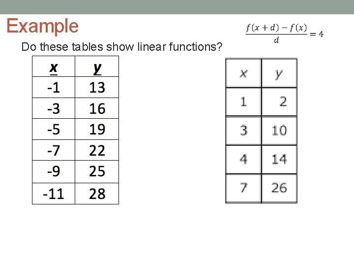 Example Do these tables show linear functions? 