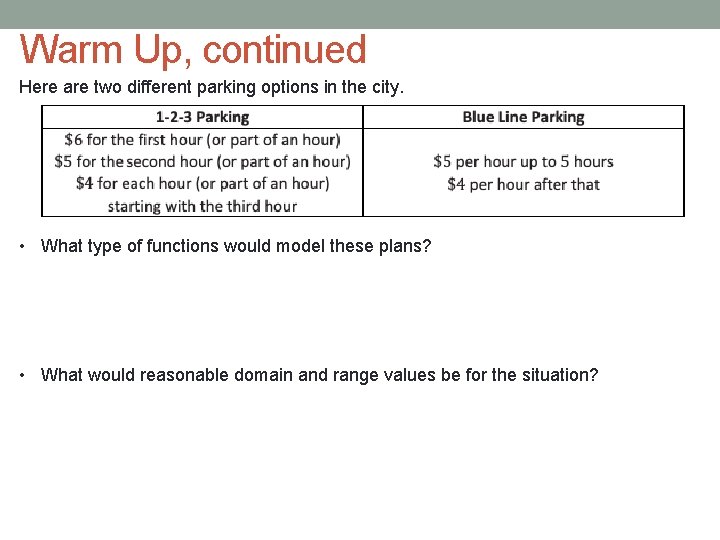 Warm Up, continued Here are two different parking options in the city. • What