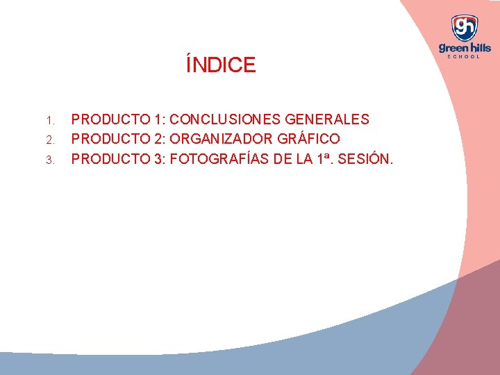 ÍNDICE 1. 2. 3. PRODUCTO 1: CONCLUSIONES GENERALES PRODUCTO 2: ORGANIZADOR GRÁFICO PRODUCTO 3: