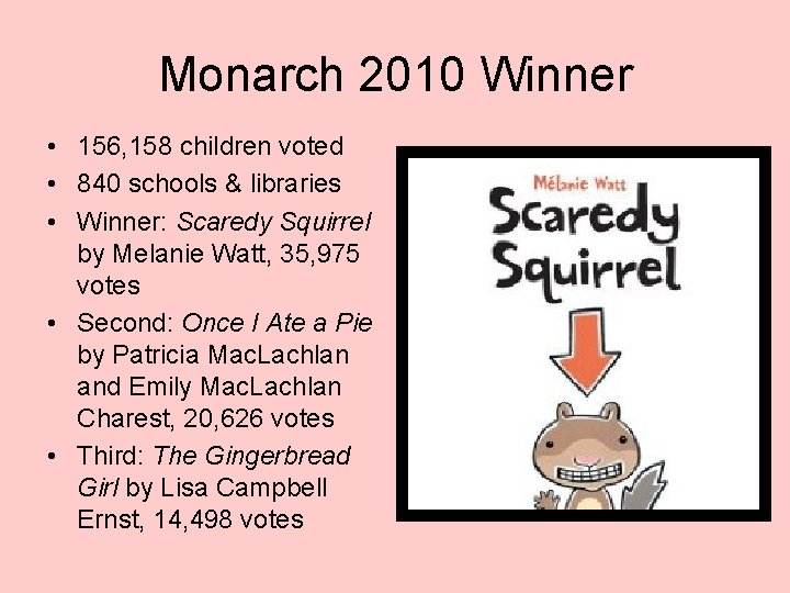 Monarch 2010 Winner • 156, 158 children voted • 840 schools & libraries •