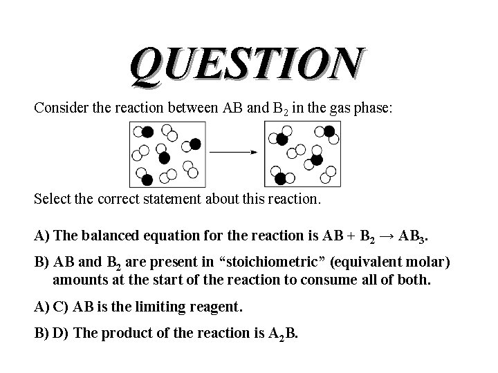 QUESTION Consider the reaction between AB and B 2 in the gas phase: Select