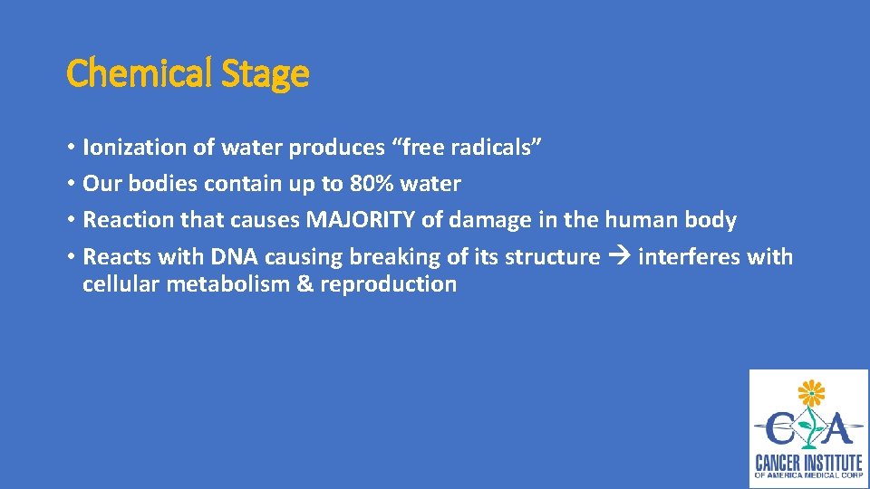 Chemical Stage • Ionization of water produces “free radicals” • Our bodies contain up