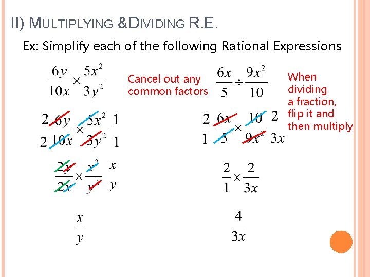 II) MULTIPLYING & DIVIDING R. E. Ex: Simplify each of the following Rational Expressions