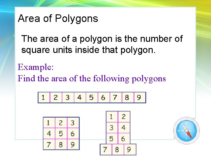 Area of Polygons The area of a polygon is the number of square units