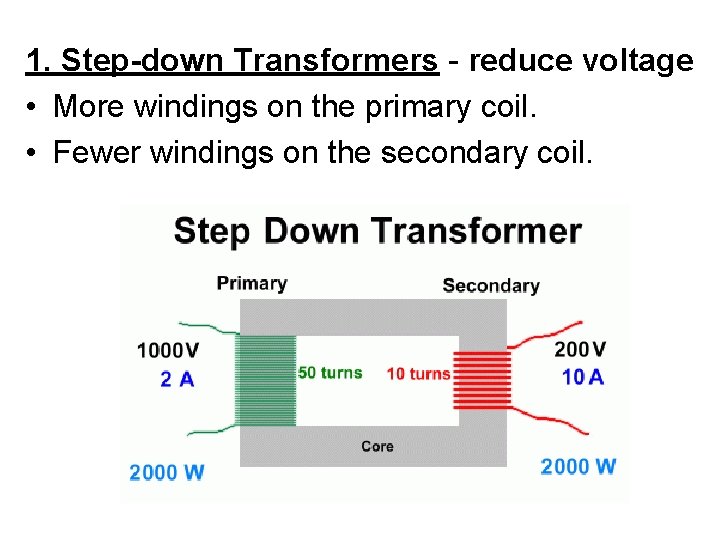 1. Step-down Transformers - reduce voltage • More windings on the primary coil. •