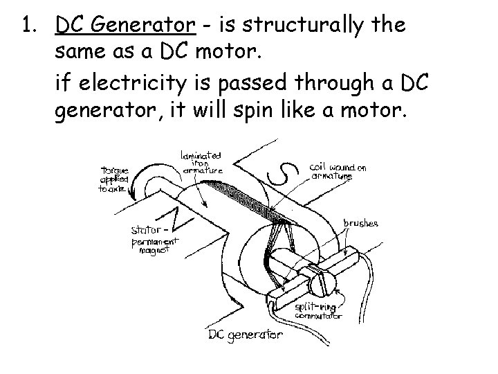 1. DC Generator - is structurally the same as a DC motor. if electricity