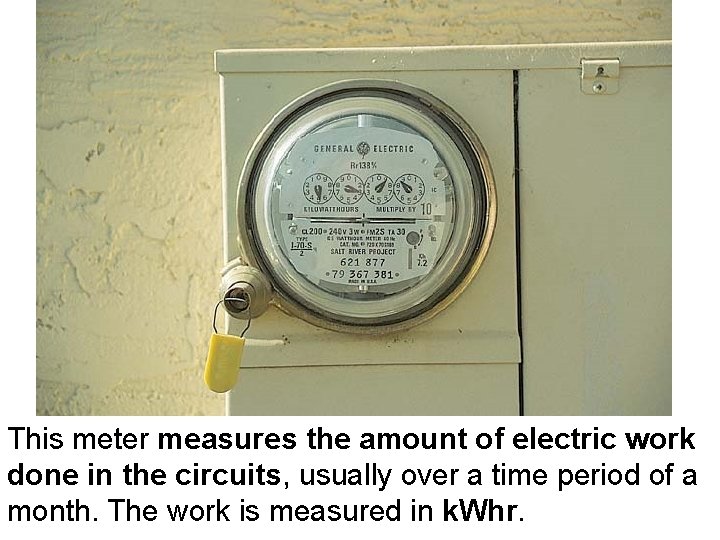 This meter measures the amount of electric work done in the circuits, usually over
