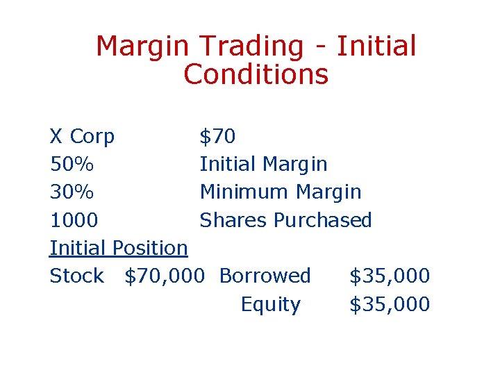 Margin Trading - Initial Conditions X Corp $70 50% Initial Margin 30% Minimum Margin