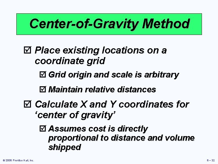 Center-of-Gravity Method þ Place existing locations on a coordinate grid þ Grid origin and