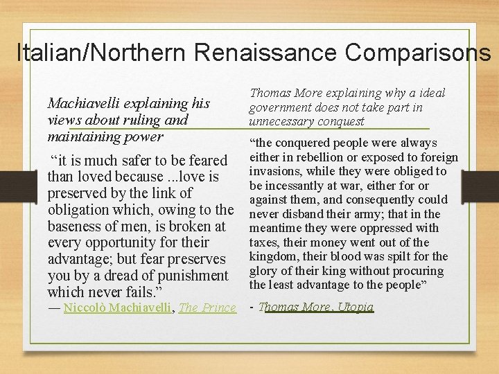 Italian/Northern Renaissance Comparisons Machiavelli explaining his views about ruling and maintaining power Thomas More