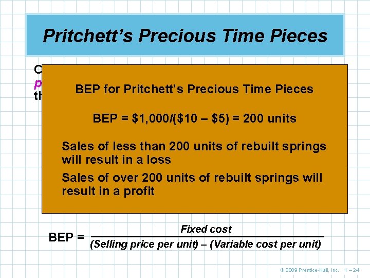 Pritchett’s Precious Time Pieces Companies are often interested in their break-even point (BEP). The Pritchett’s Precious Time Pieces Companies are often interested in their break-even point (BEP). The