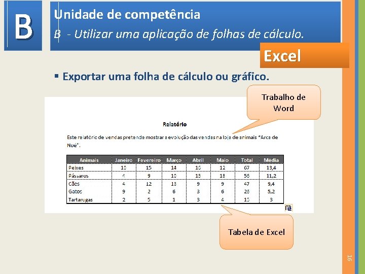 B Unidade de competência B - Utilizar uma aplicação de folhas de cálculo. Excel