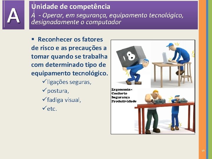 A Unidade de competência A - Operar, em segurança, equipamento tecnológico, designadamente o computador