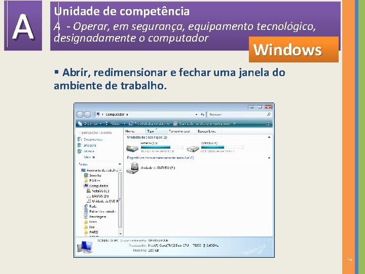 A Unidade de competência A - Operar, em segurança, equipamento tecnológico, designadamente o computador