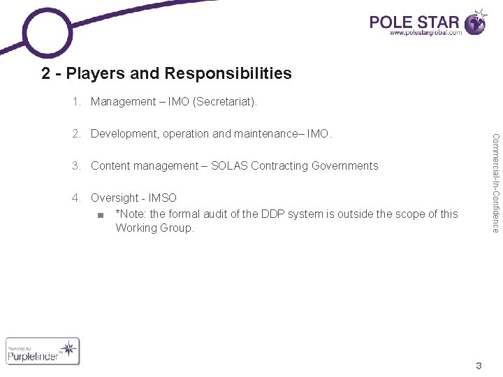 2 - Players and Responsibilities 1. Management – IMO (Secretariat). Commercial-In-Confidence 2. Development, operation